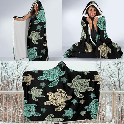 Sea Turtle Stamp Pattern Hooded Blanket-JTAMIGO.COM