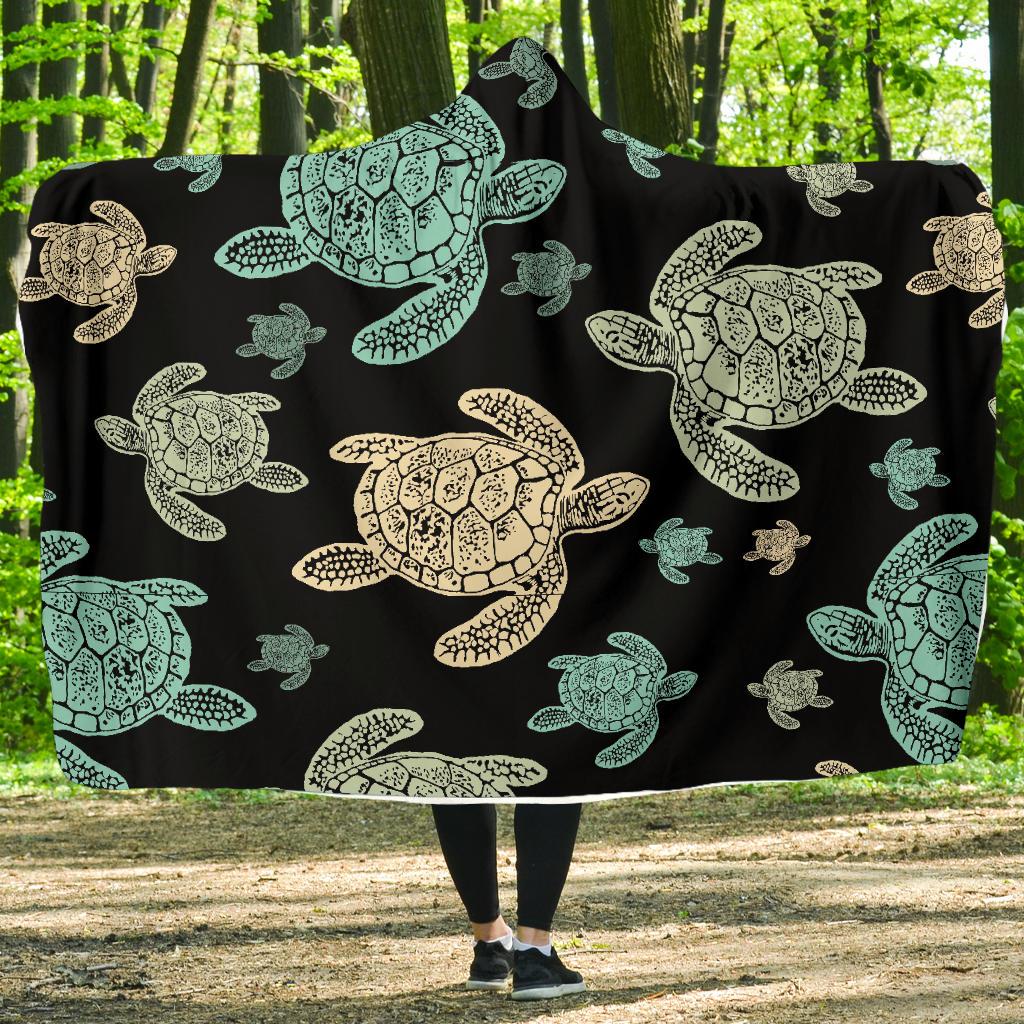 Sea Turtle Stamp Pattern Hooded Blanket-JTAMIGO.COM