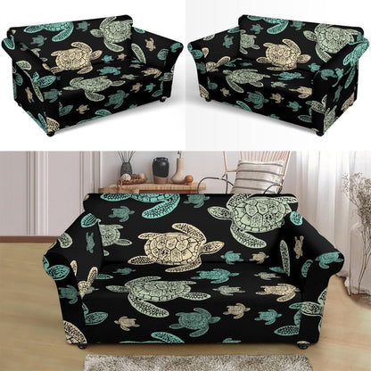 Sea Turtle Stamp Pattern Loveseat Slipcover-JTAMIGO.COM