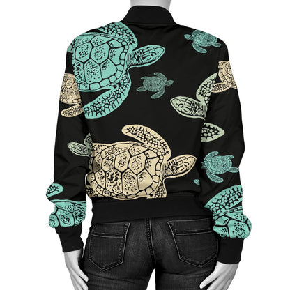 Sea Turtle Stamp Pattern Women Casual Bomber Jacket