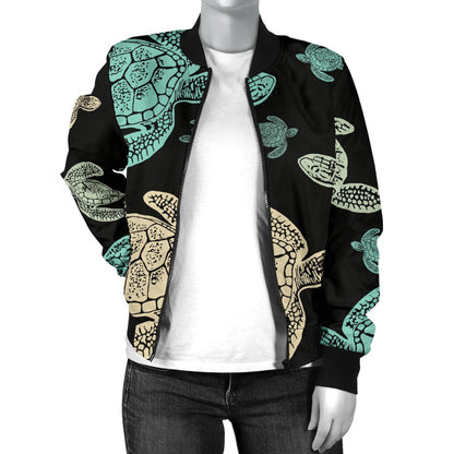 Sea Turtle Stamp Pattern Women Casual Bomber Jacket