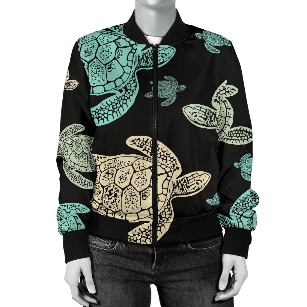 Sea Turtle Stamp Pattern Women Casual Bomber Jacket