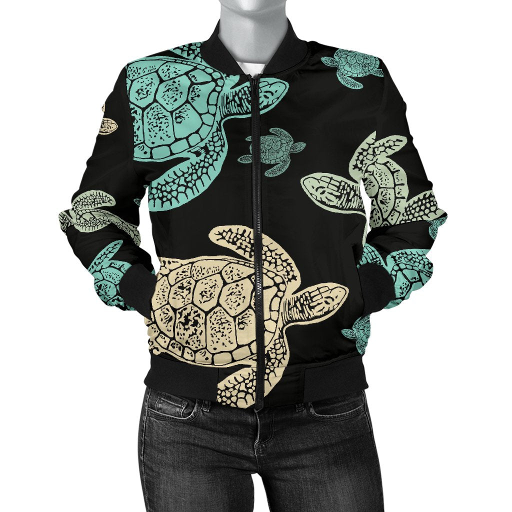 Sea Turtle Stamp Pattern Women Casual Bomber Jacket