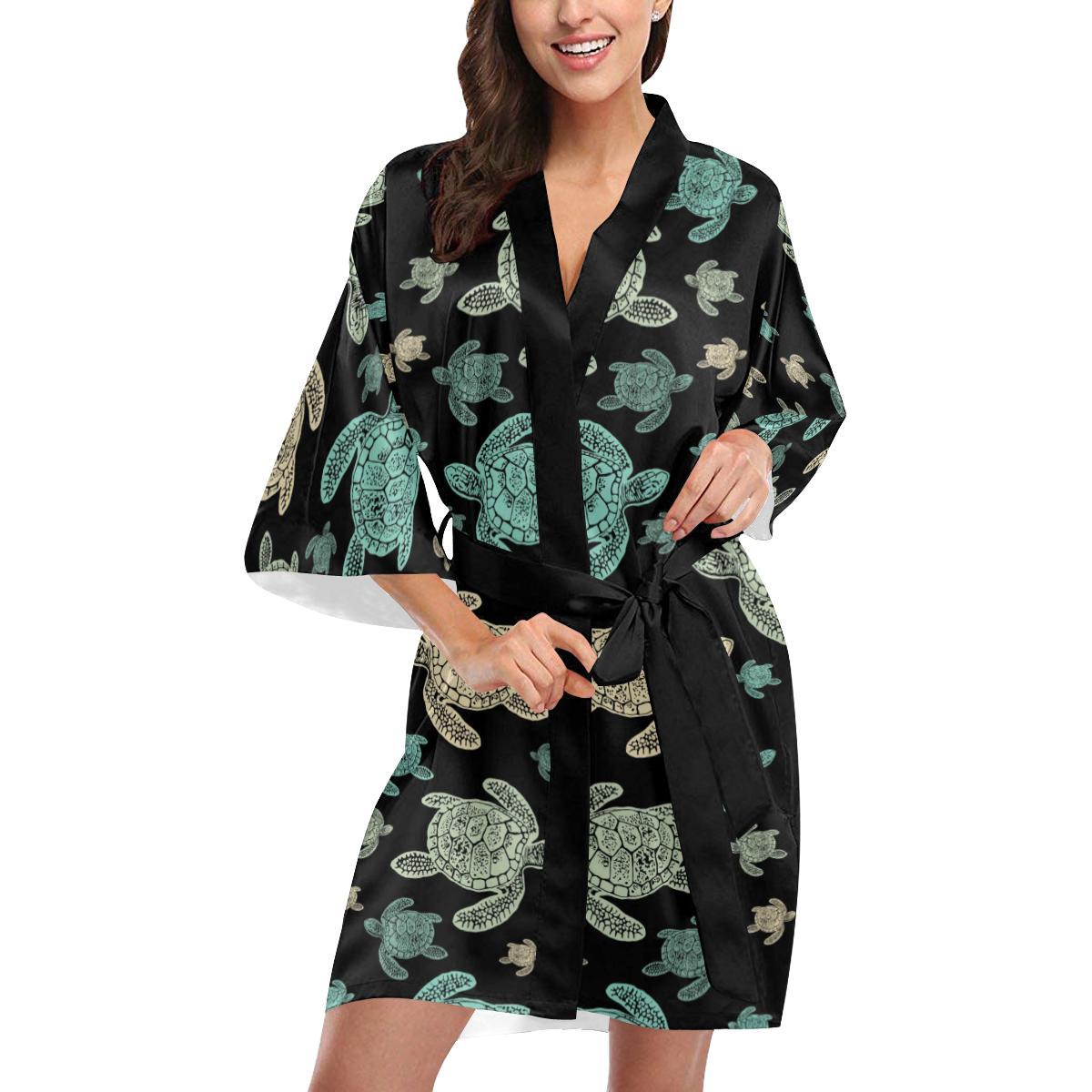 Sea Turtle Stamp Pattern Women Short Kimono Robe