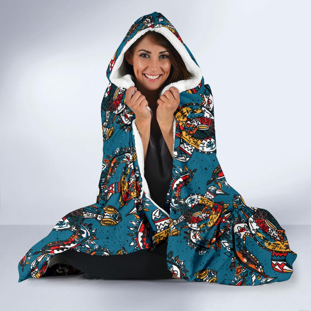 Sea Turtle Tribal Colorful Hand Drawn Hooded Blanket-JTAMIGO.COM