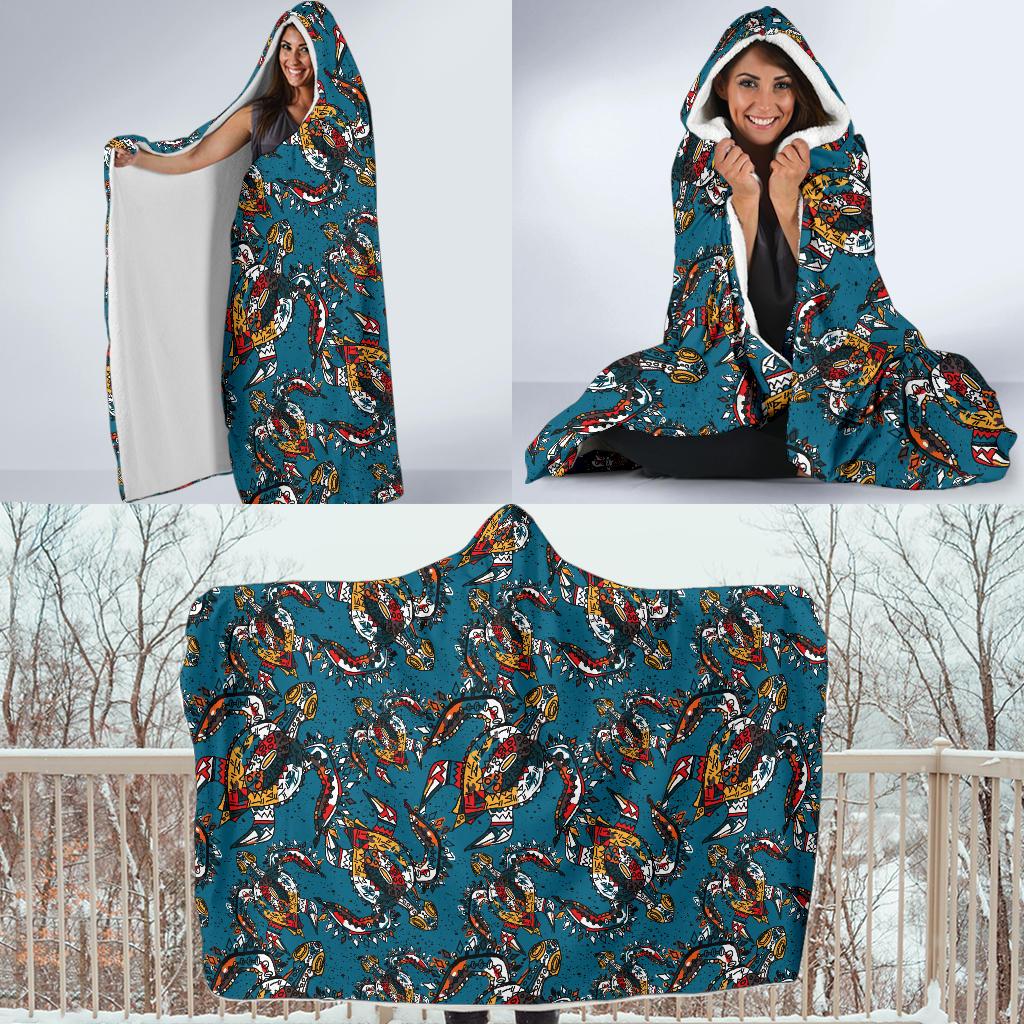 Sea Turtle Tribal Colorful Hand Drawn Hooded Blanket-JTAMIGO.COM