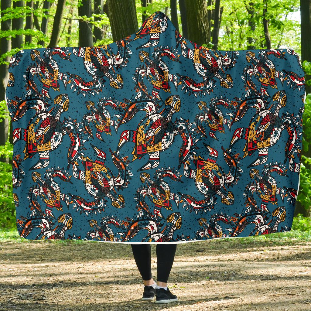 Sea Turtle Tribal Colorful Hand Drawn Hooded Blanket-JTAMIGO.COM