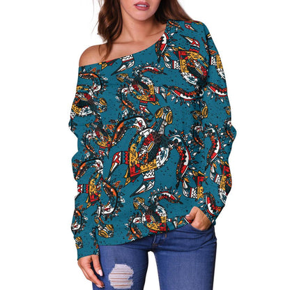 Sea Turtle Tribal Colorful Hand Drawn Off Shoulder Sweatshirt