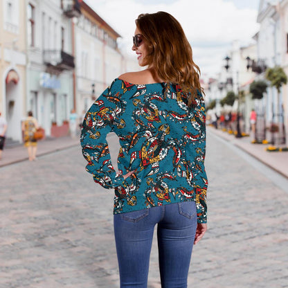 Sea Turtle Tribal Colorful Hand Drawn Off Shoulder Sweatshirt