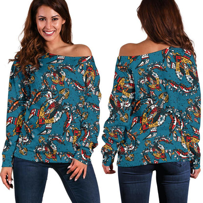 Sea Turtle Tribal Colorful Hand Drawn Off Shoulder Sweatshirt