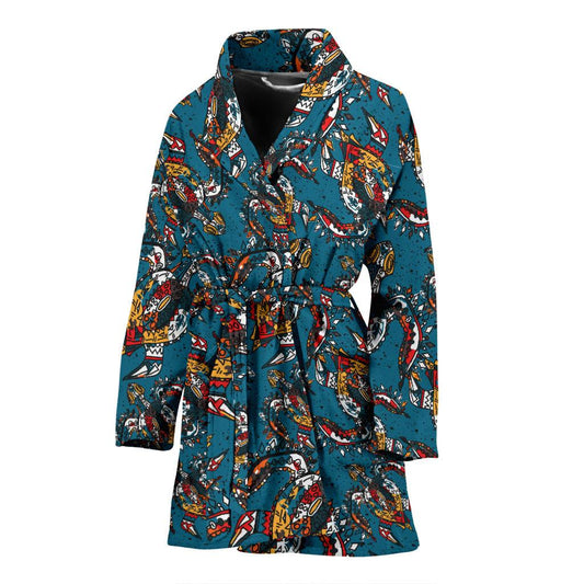 Sea Turtle Tribal Colorful Hand Drawn Women Bath Robe-JTAMIGO.COM