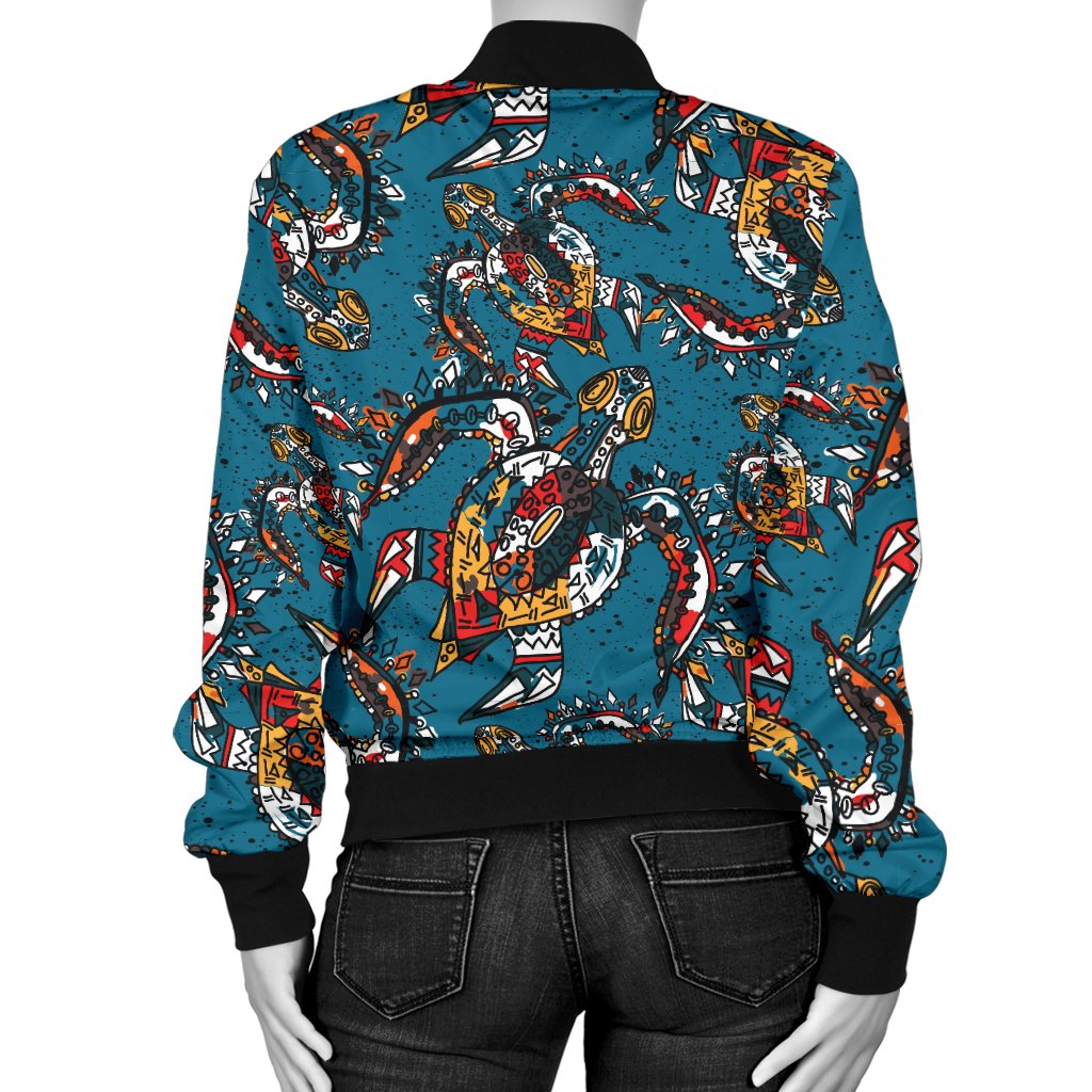 Sea Turtle Tribal Colorful Hand Drawn Women Casual Bomber Jacket