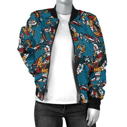 Sea Turtle Tribal Colorful Hand Drawn Women Casual Bomber Jacket
