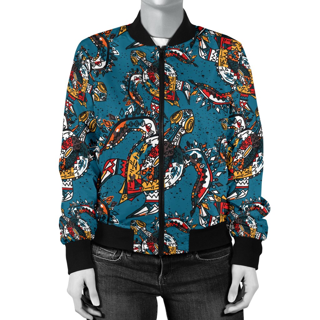Sea Turtle Tribal Colorful Hand Drawn Women Casual Bomber Jacket