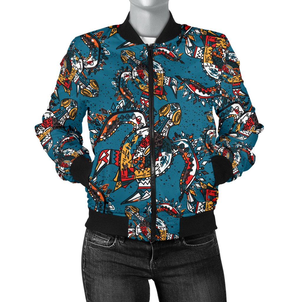 Sea Turtle Tribal Colorful Hand Drawn Women Casual Bomber Jacket
