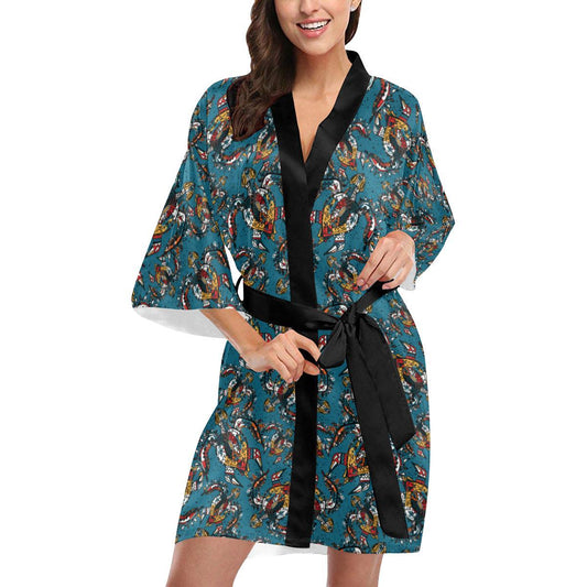 Sea Turtle Tribal Colorful Hand Drawn Women Short Kimono Robe