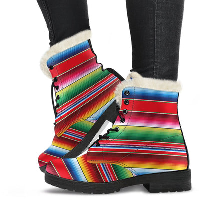 Serape Pattern Faux Fur Leather Boots-JTAMIGO.COM