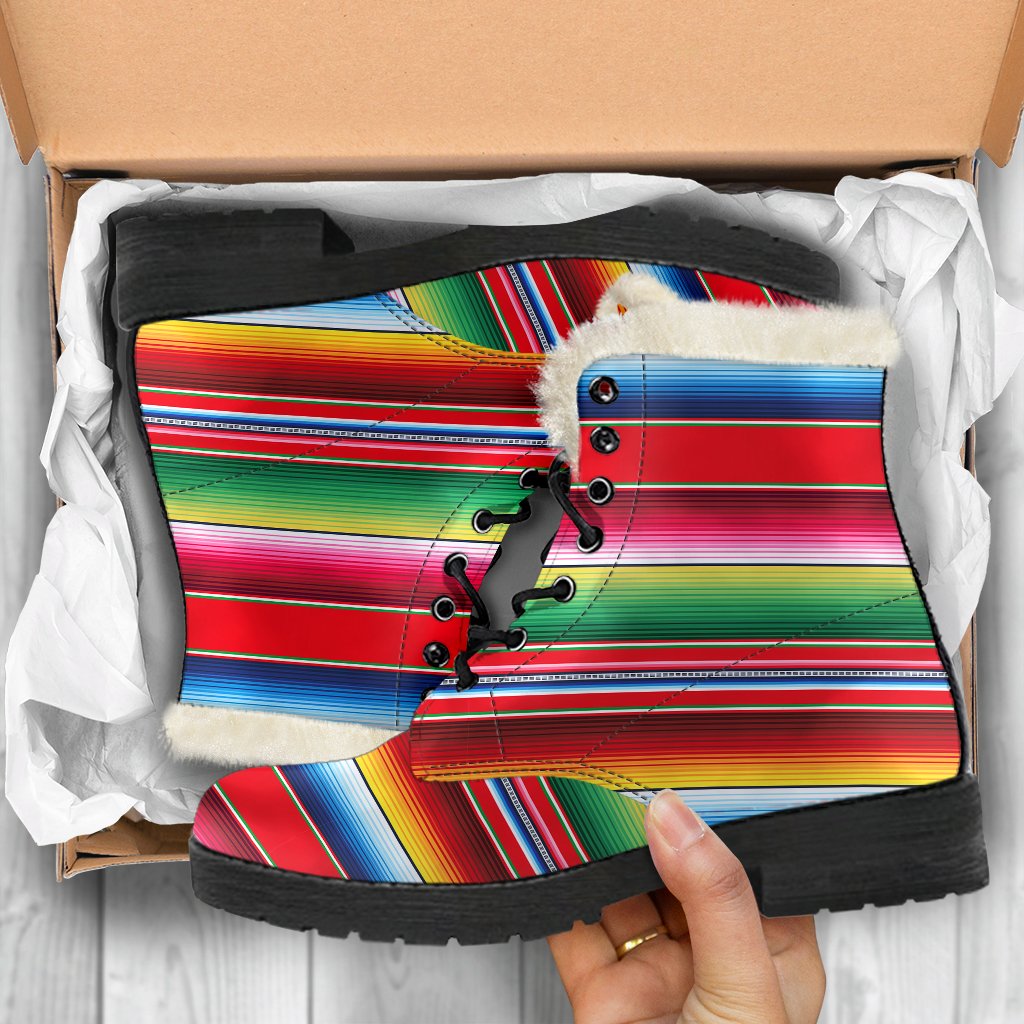 Serape Pattern Faux Fur Leather Boots-JTAMIGO.COM