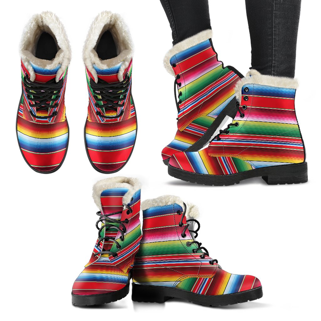 Serape Pattern Faux Fur Leather Boots-JTAMIGO.COM