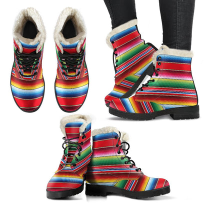 Serape Pattern Faux Fur Leather Boots-JTAMIGO.COM