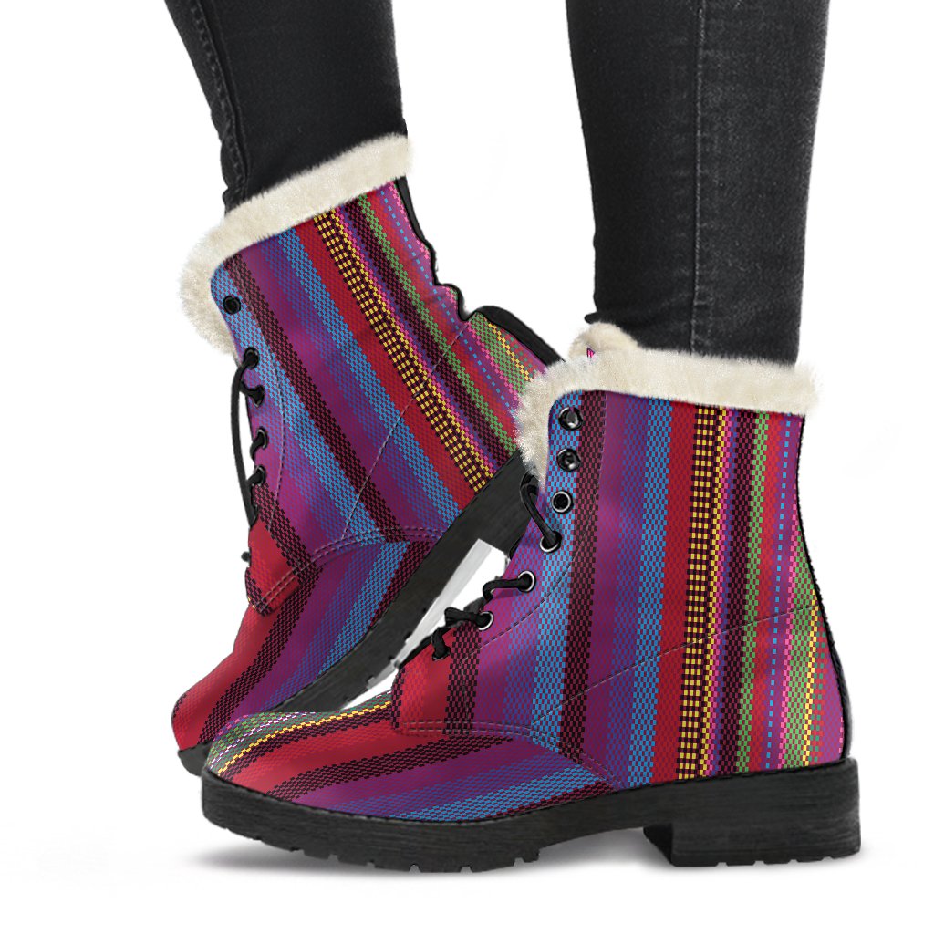 Serape Stripe Print Faux Fur Leather Boots-JTAMIGO.COM