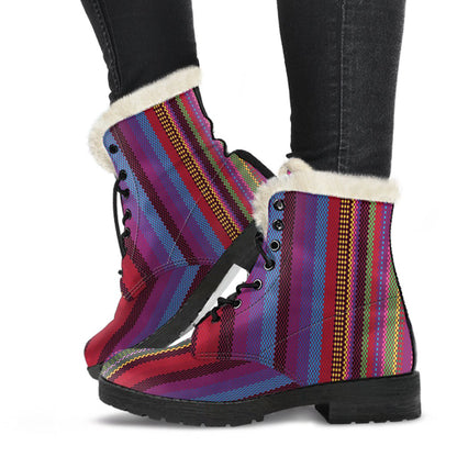 Serape Stripe Print Faux Fur Leather Boots-JTAMIGO.COM