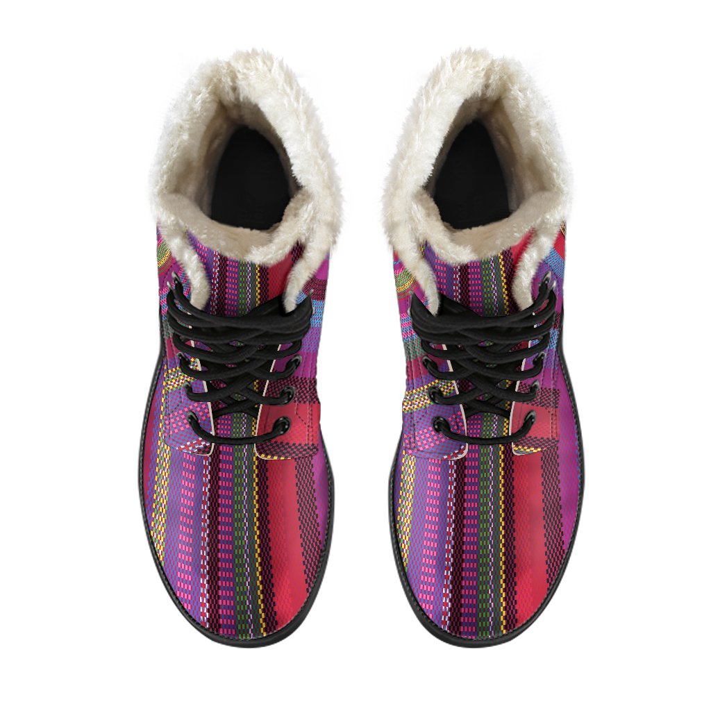 Serape Stripe Print Faux Fur Leather Boots-JTAMIGO.COM