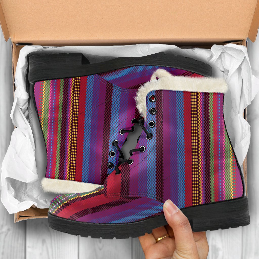Serape Stripe Print Faux Fur Leather Boots-JTAMIGO.COM