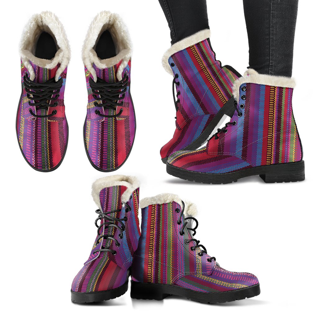 Serape Stripe Print Faux Fur Leather Boots-JTAMIGO.COM