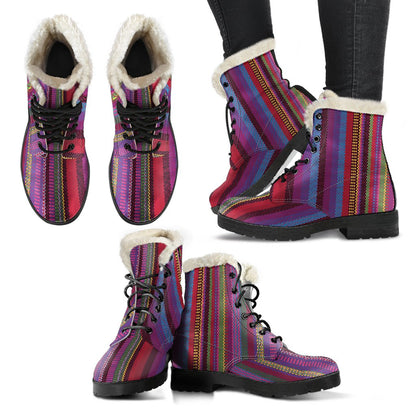 Serape Stripe Print Faux Fur Leather Boots-JTAMIGO.COM