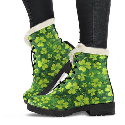 Shamrock Clover Print Faux Fur Leather Boots-JTAMIGO.COM