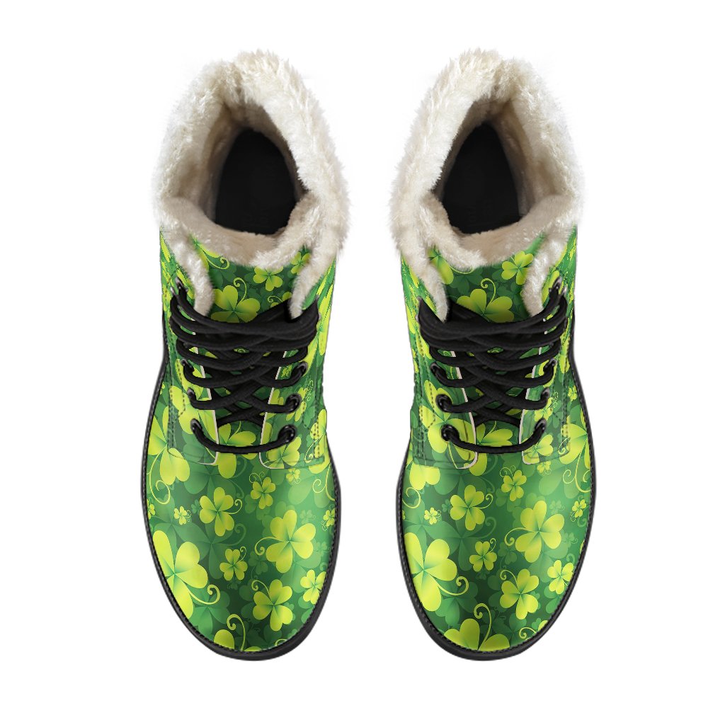 Shamrock Clover Print Faux Fur Leather Boots-JTAMIGO.COM