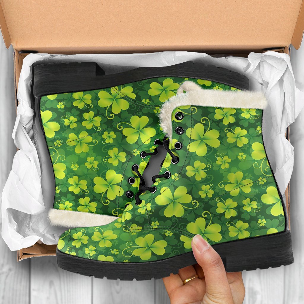 Shamrock Clover Print Faux Fur Leather Boots-JTAMIGO.COM