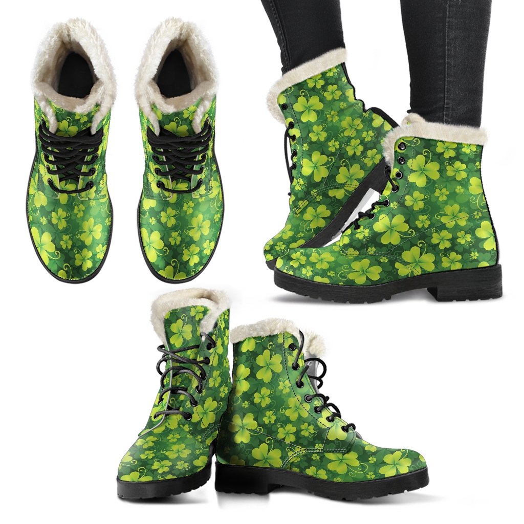 Shamrock Clover Print Faux Fur Leather Boots-JTAMIGO.COM