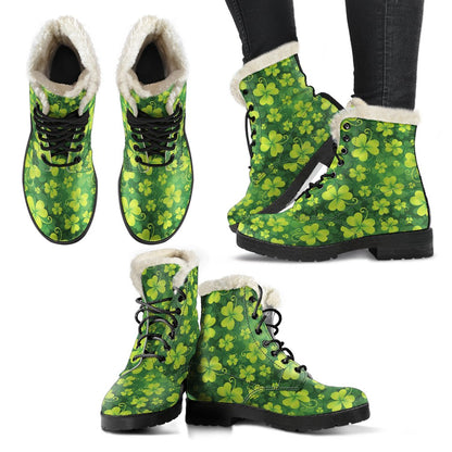 Shamrock Clover Print Faux Fur Leather Boots-JTAMIGO.COM
