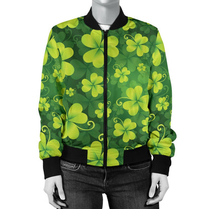 Shamrock Clover Print Women Casual Bomber Jacket