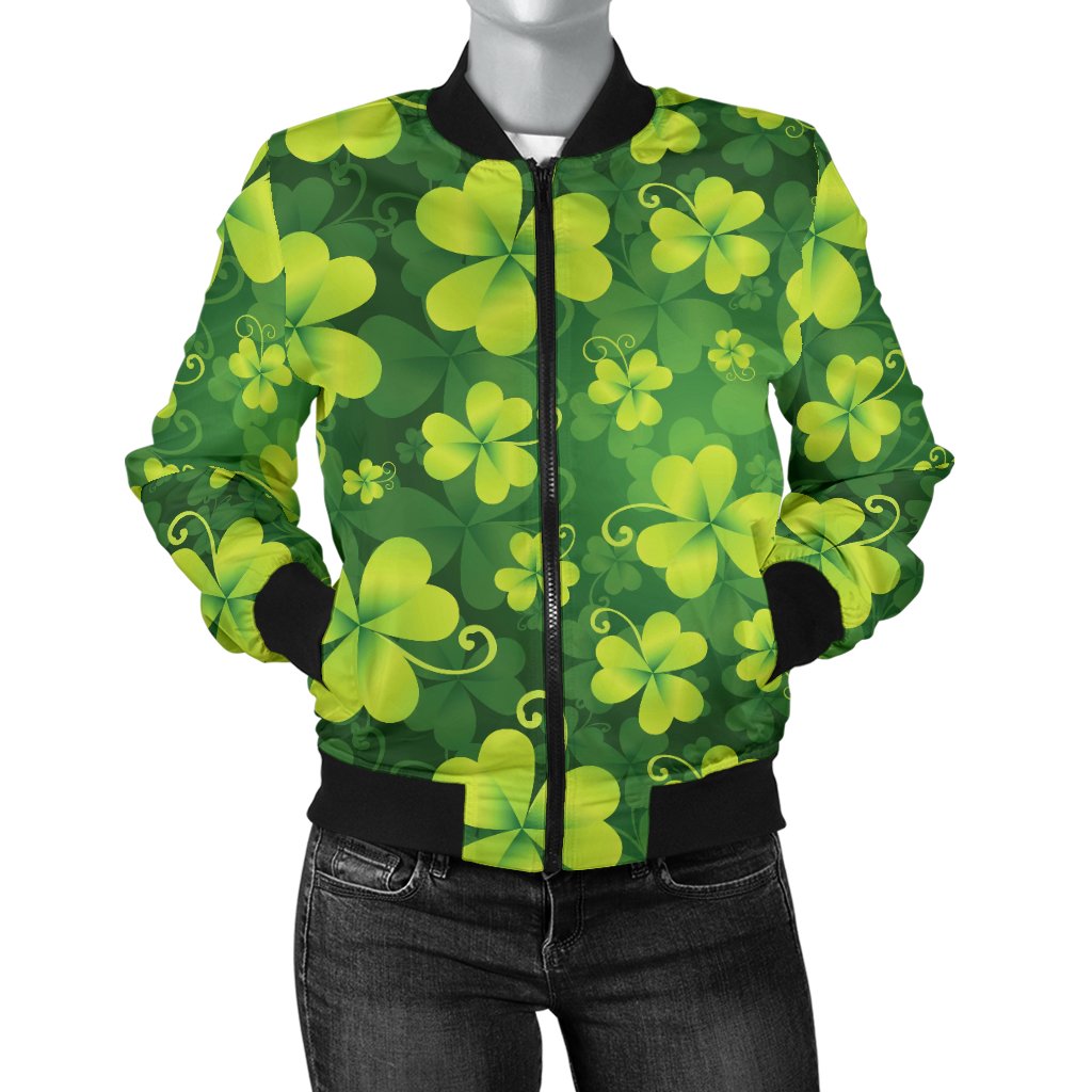 Shamrock Clover Print Women Casual Bomber Jacket