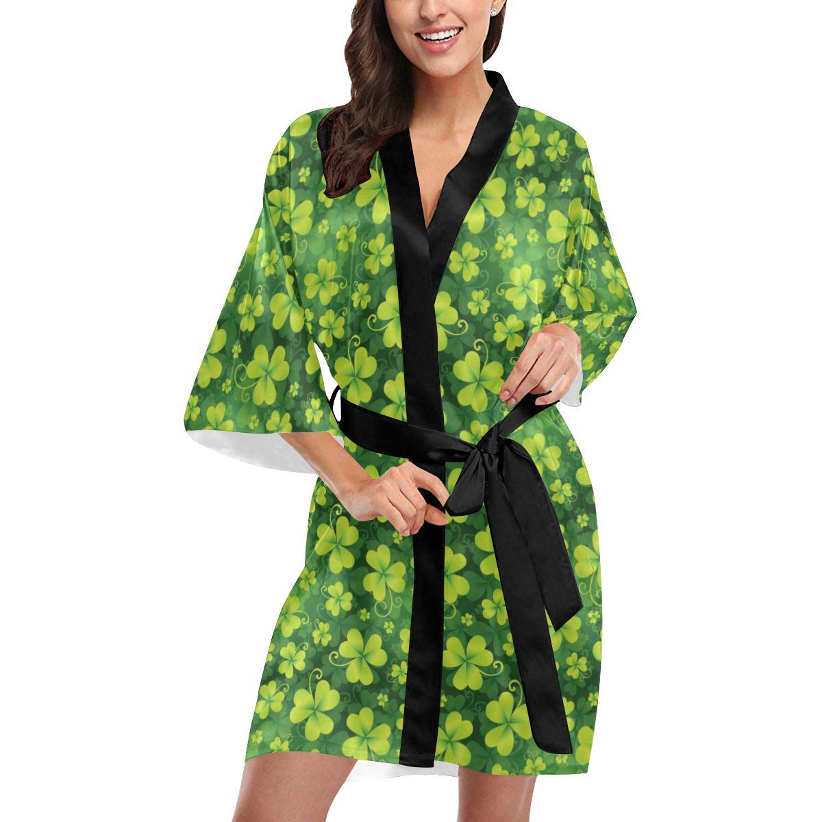 Shamrock Clover Print Women Short Kimono Robe