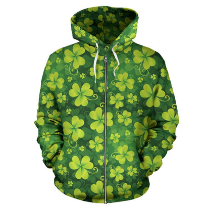 Shamrock Clover Print Zip Up Hoodie