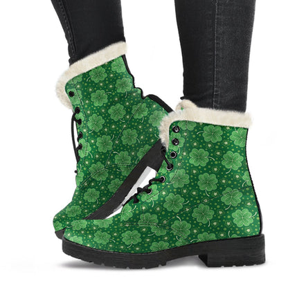 Shamrock Design Print Faux Fur Leather Boots-JTAMIGO.COM