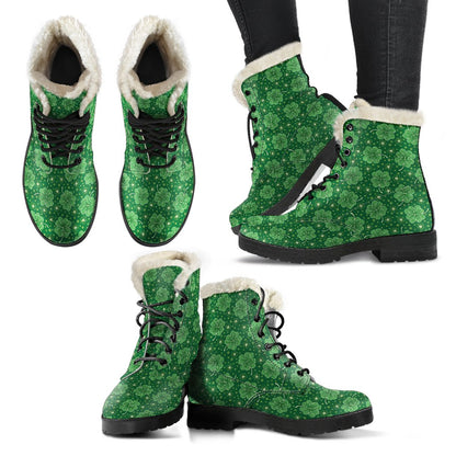 Shamrock Design Print Faux Fur Leather Boots-JTAMIGO.COM