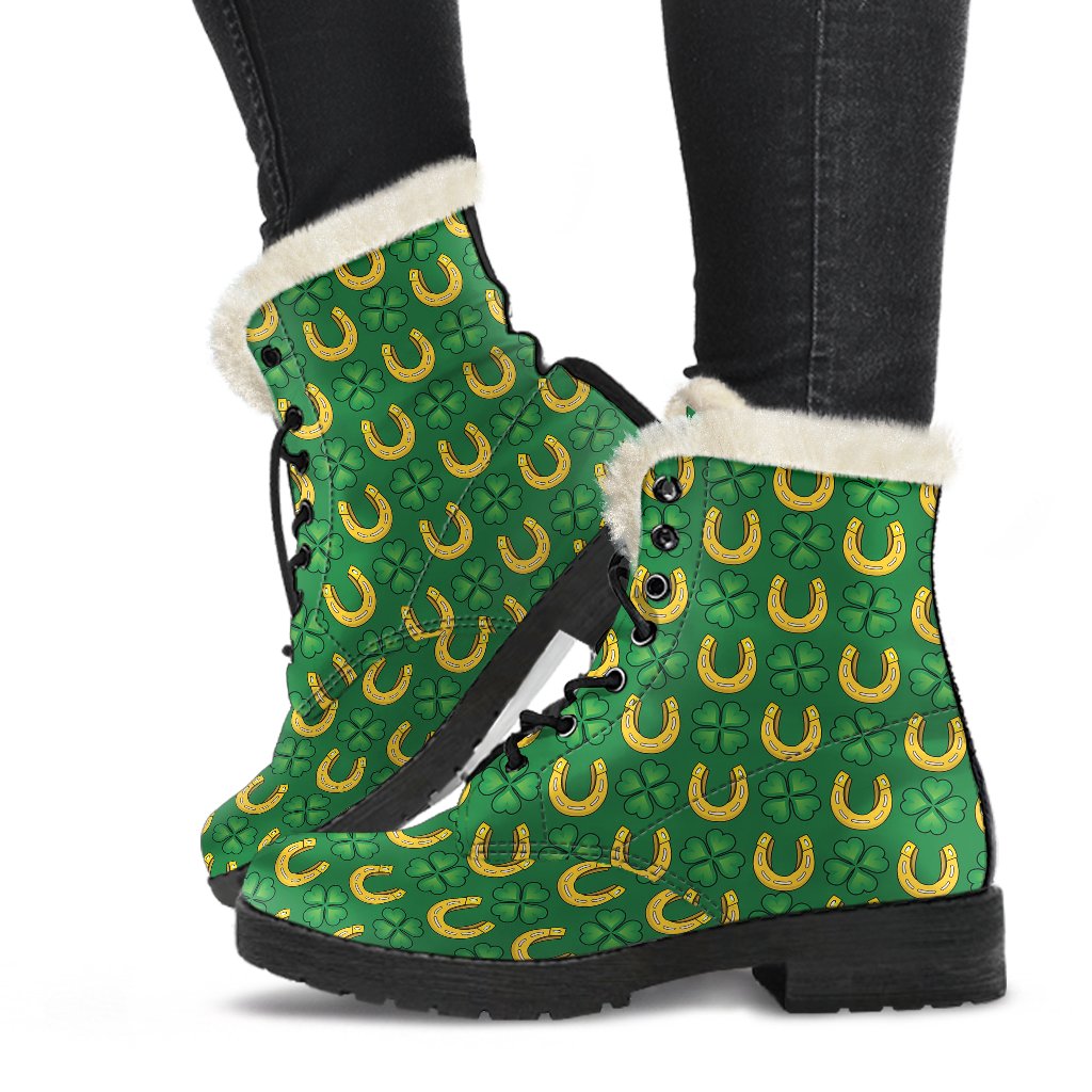 Shamrock Horseshoes Print Pattern Faux Fur Leather Boots-JTAMIGO.COM