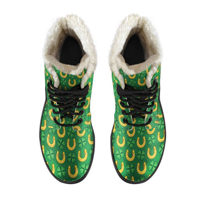 Shamrock Horseshoes Print Pattern Faux Fur Leather Boots-JTAMIGO.COM