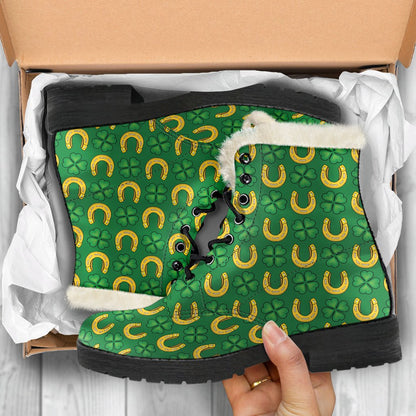 Shamrock Horseshoes Print Pattern Faux Fur Leather Boots-JTAMIGO.COM