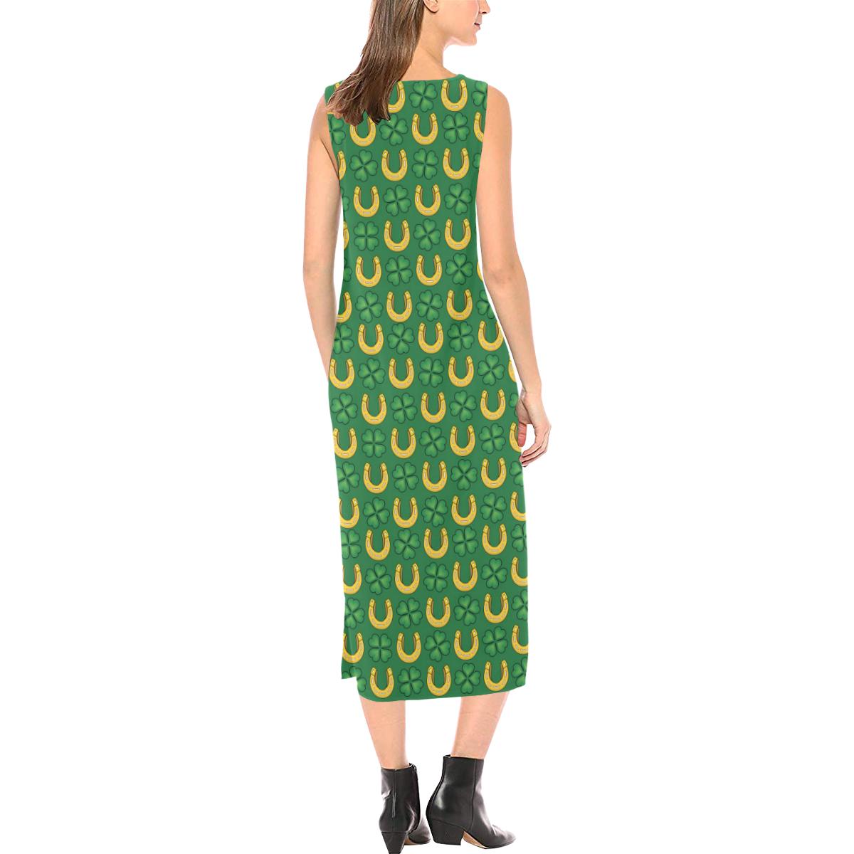 Shamrock Horseshoes Print Pattern Sleeveless Open Fork Long Dress (Model D08)-JTAMIGO.COM