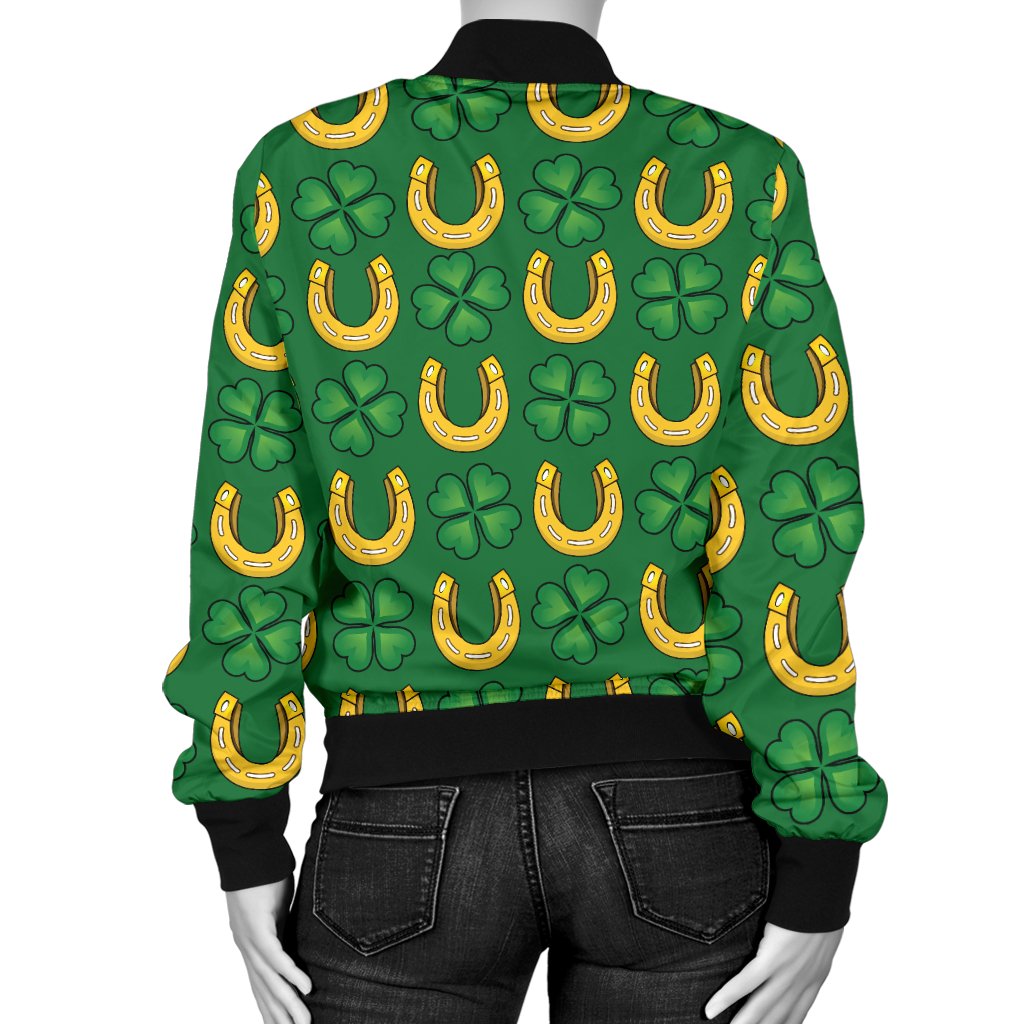 Shamrock Horseshoes Print Pattern Women Casual Bomber Jacket