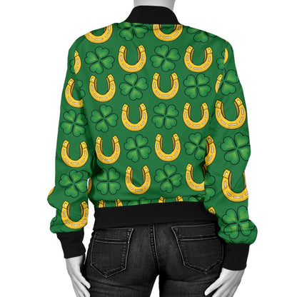 Shamrock Horseshoes Print Pattern Women Casual Bomber Jacket
