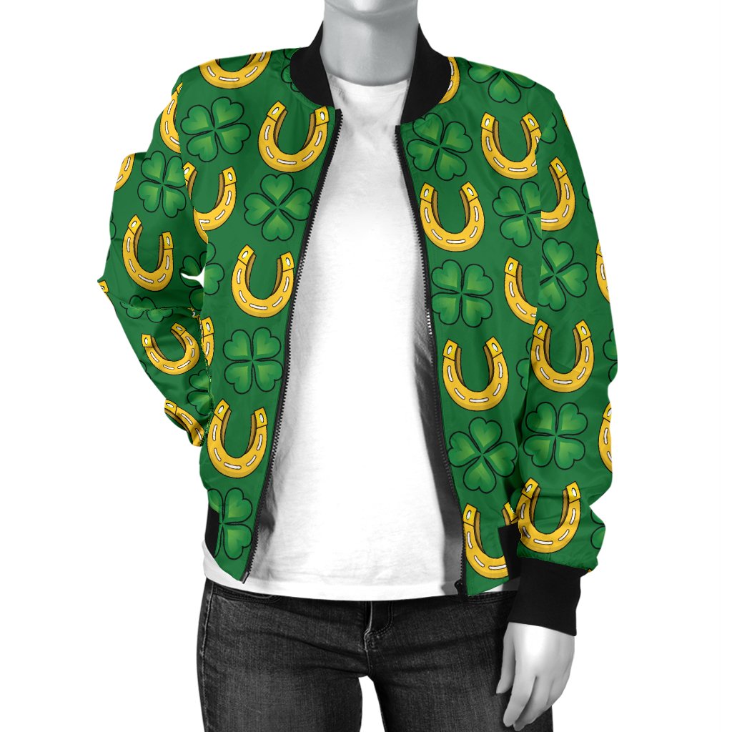 Shamrock Horseshoes Print Pattern Women Casual Bomber Jacket