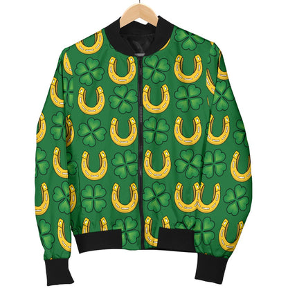 Shamrock Horseshoes Print Pattern Women Casual Bomber Jacket