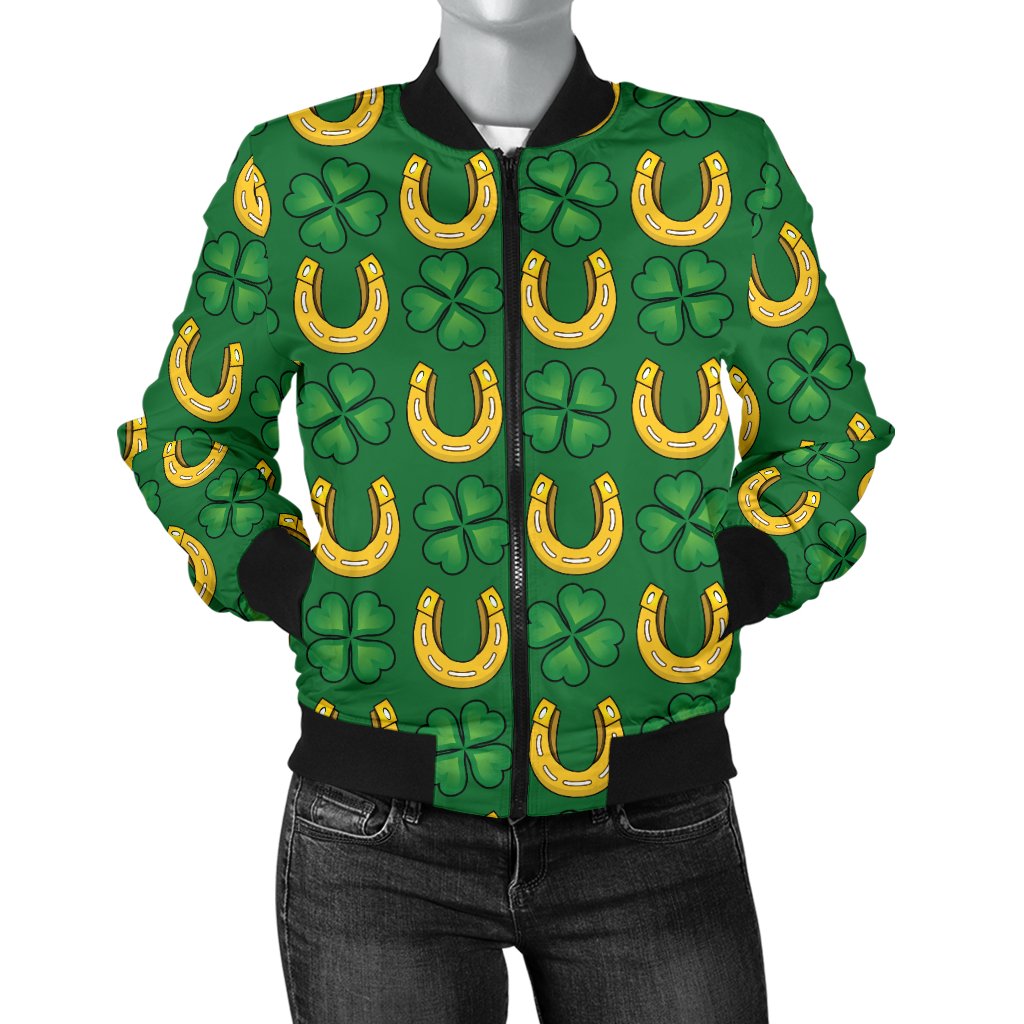 Shamrock Horseshoes Print Pattern Women Casual Bomber Jacket